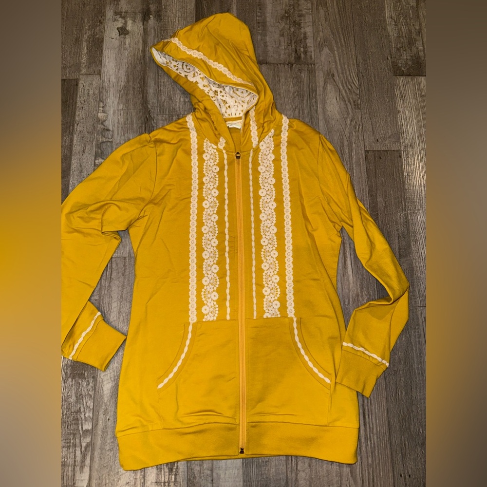 Boho Zip Up Hoodie Peekaboo Chic Embroidered Yellow New